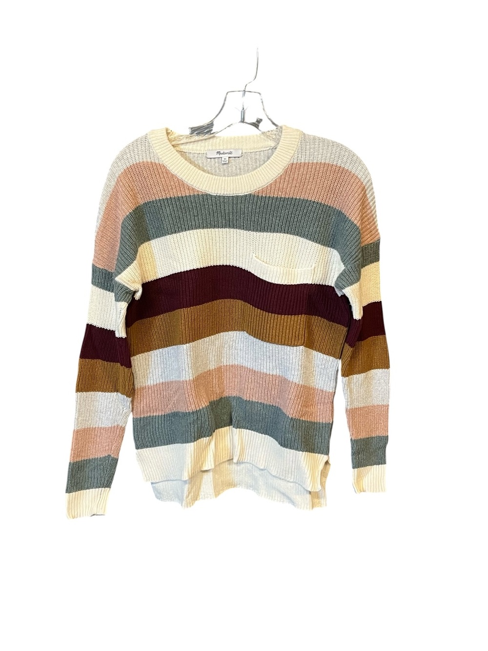 Madewell Pullover Sweater Women XS Cream Pink Stripe Pocket Cozy Knit